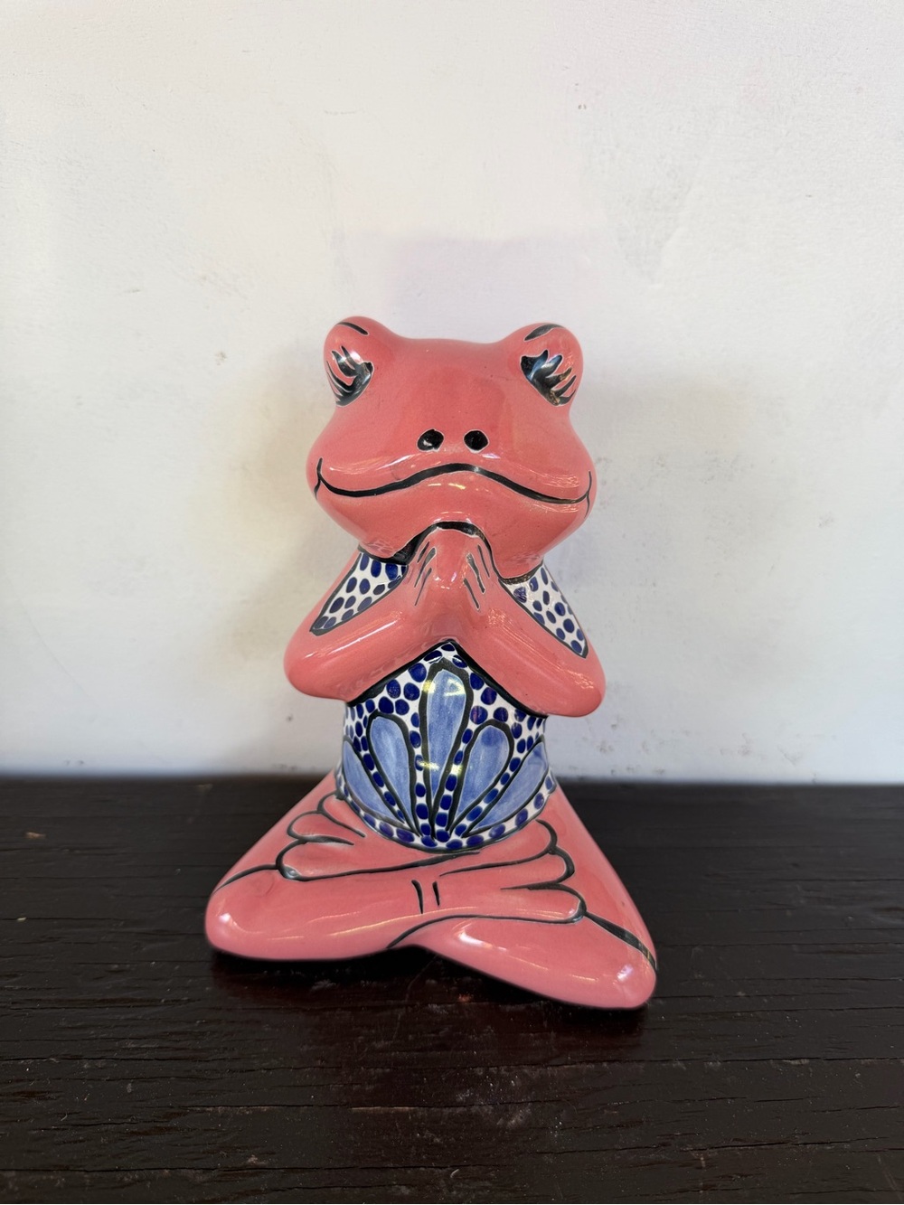 Pink Talavera Yoga Frog Figurine Decor with Blue Pattern